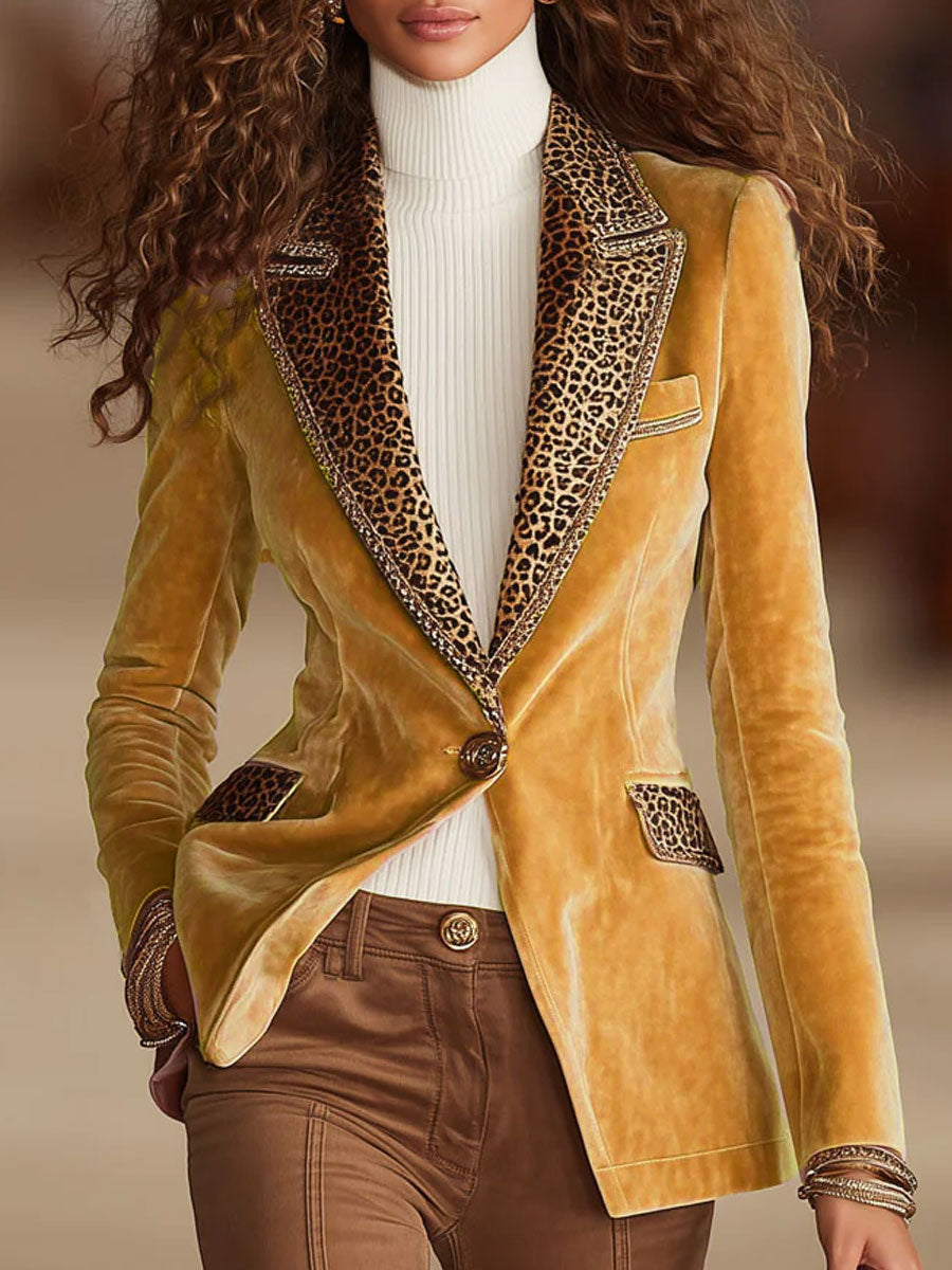 Brunella | Blazer a un bottone con stampa leopardata e cuciture in velluto rosa