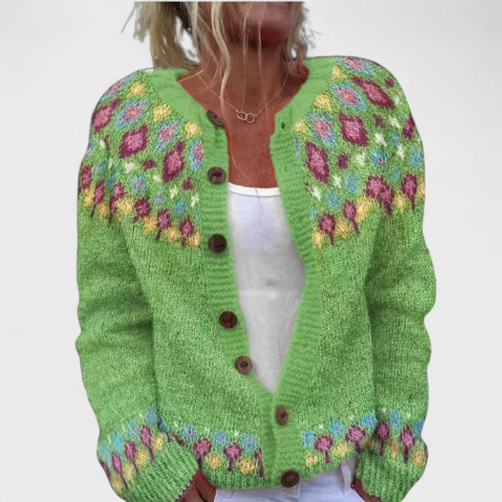Lianne Salvia Dorata – Cardigan a maglia larga a fantasia chic