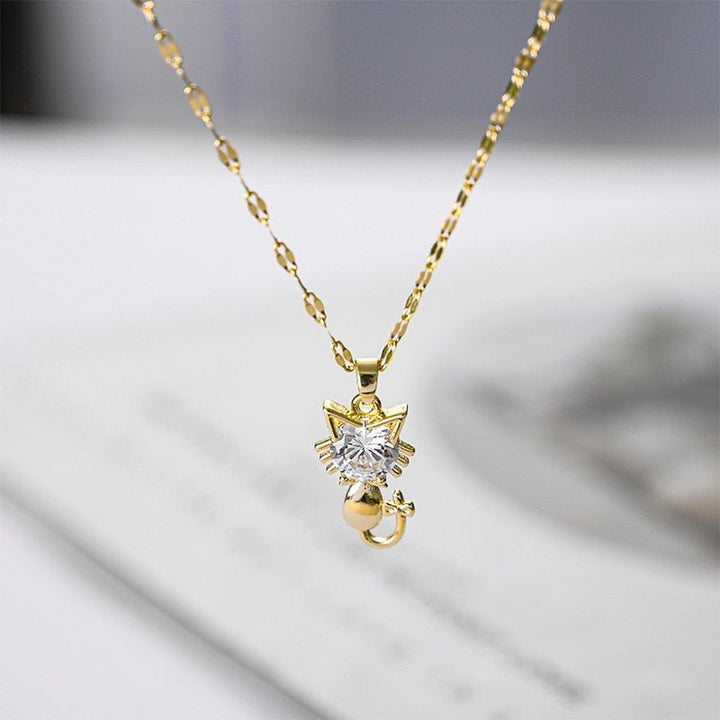 Collana con gatto placcata in oro con zirconi