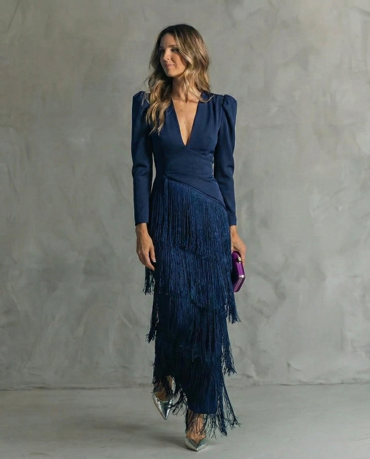 Clara™ | Abito midi elegante con maniche a frange