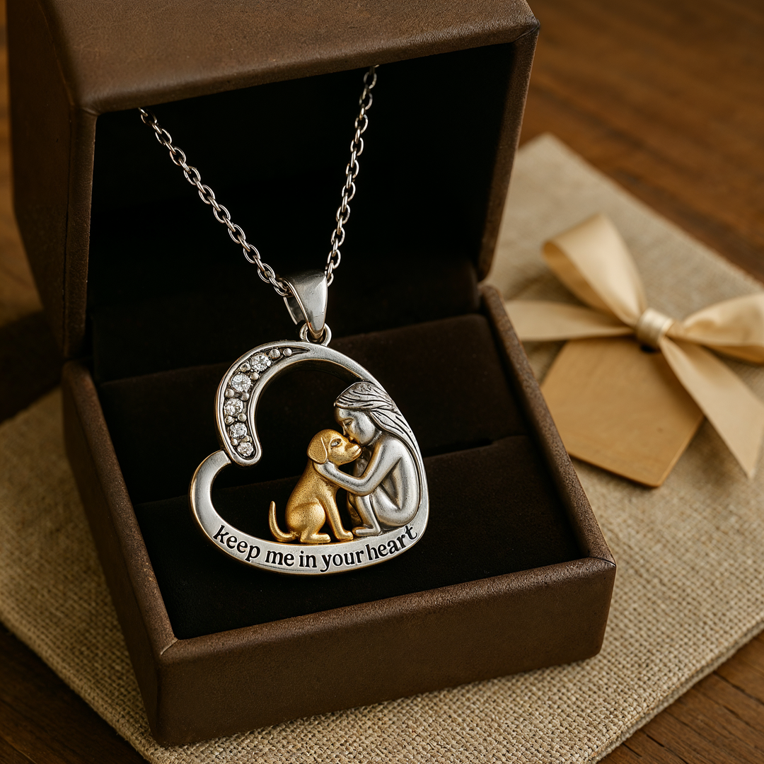 Collana con cuore in argento con cane e pietre di zirconia