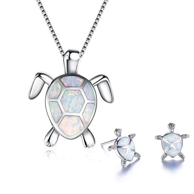 Set collana + orecchini tartaruga marina in opale e argento